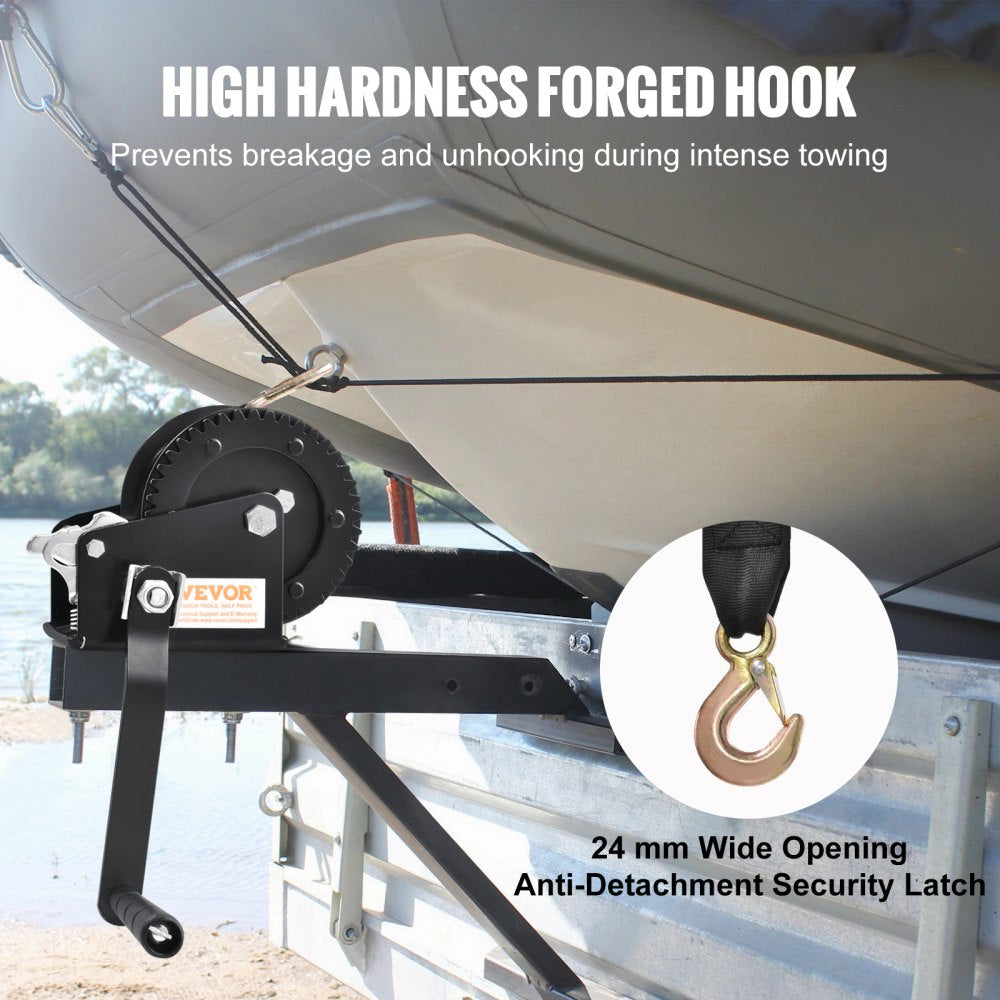 Hand Winch, 1200 lbs Pulling Capacity, Boat Trailer Winch Heavy Duty Rope Crank with 23 ft Polyester Strap and Two-Way Ratchet, Manual Operated Hand Crank Winch for Trailer, Boat or ATV Towing