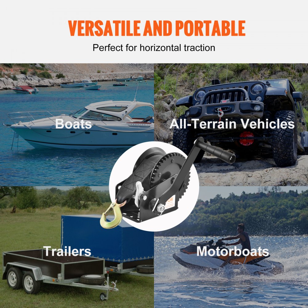 Hand Winch, 1200 lbs Pulling Capacity, Boat Trailer Winch Heavy Duty Rope Crank with 23 ft Polyester Strap and Two-Way Ratchet, Manual Operated Hand Crank Winch for Trailer, Boat or ATV Towing