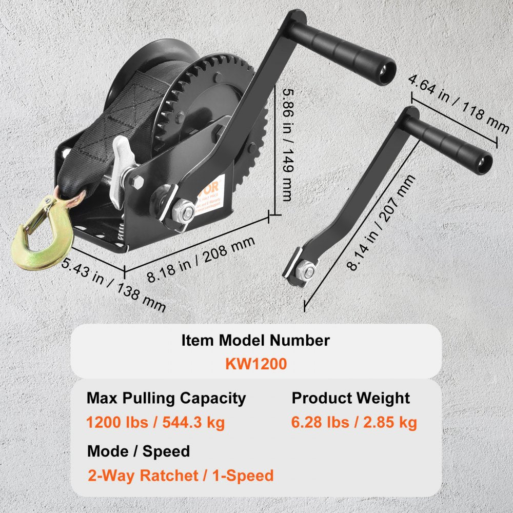 Hand Winch, 1200 lbs Pulling Capacity, Boat Trailer Winch Heavy Duty Rope Crank with 23 ft Polyester Strap and Two-Way Ratchet, Manual Operated Hand Crank Winch for Trailer, Boat or ATV Towing