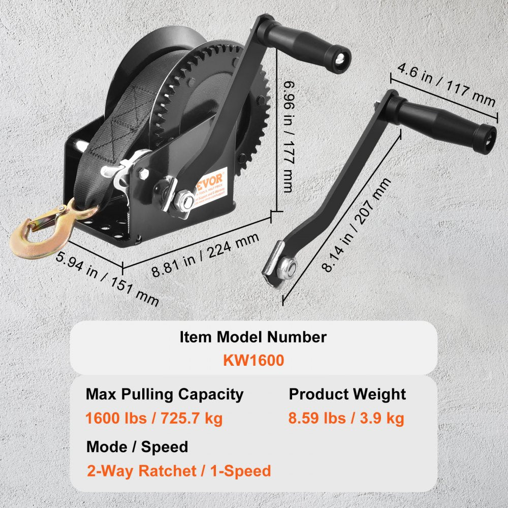 Hand Winch, 1600 lbs Pulling Capacity, Boat Trailer Winch Heavy Duty Rope Crank with 33 ft Polyester Strap and Two-Way Ratchet, Manual Operated Hand Crank Winch for Trailer, Boat or ATV Towing
