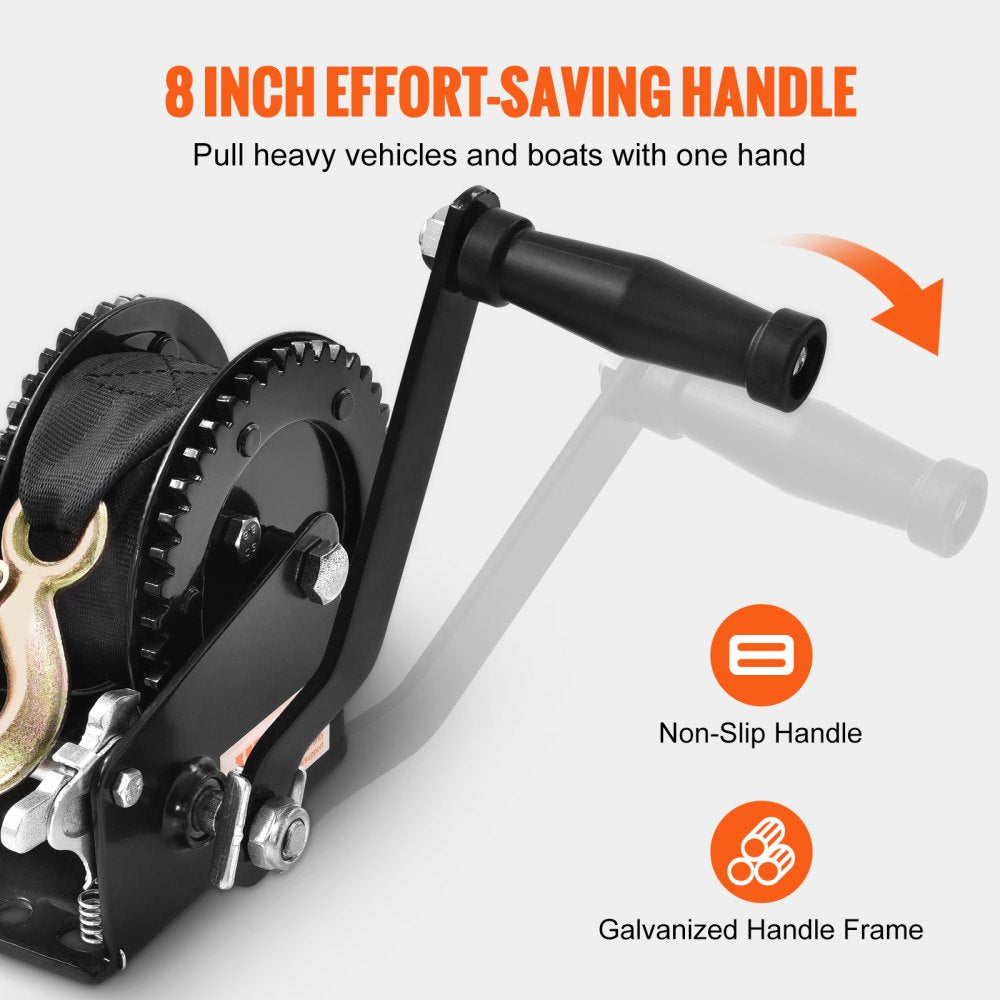 Hand Winch, 2000 lbs Pulling Capacity, Boat Trailer Winch Heavy Duty Rope Crank with 23 ft Polyester Strap and Two-Way Ratchet, Manual Operated Hand Crank Winch for Trailer, Boat or ATV Towing