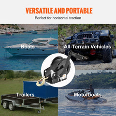 Hand Winch, 2000 lbs Pulling Capacity, Boat Trailer Winch Heavy Duty Rope Crank with 23 ft Polyester Strap and Two-Way Ratchet, Manual Operated Hand Crank Winch for Trailer, Boat or ATV Towing