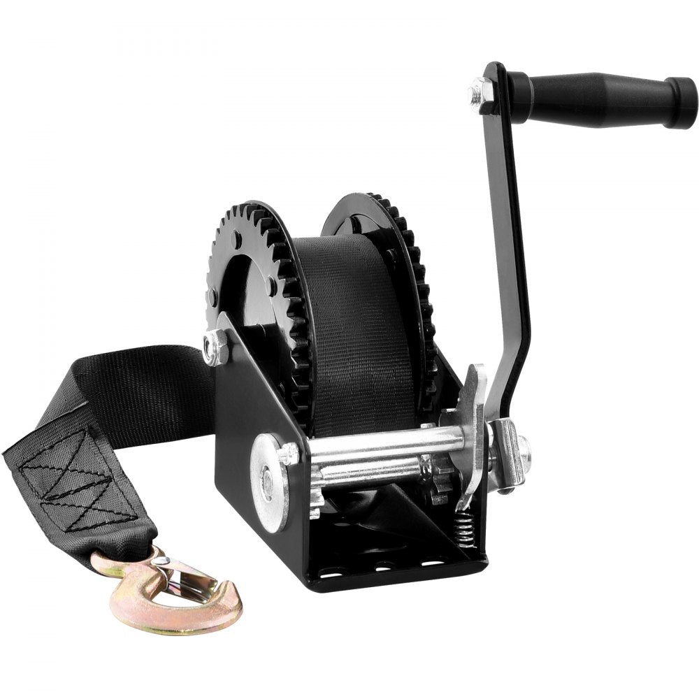 Hand Winch, 2000 lbs Pulling Capacity, Boat Trailer Winch Heavy Duty Rope Crank with 23 ft Polyester Strap and Two-Way Ratchet, Manual Operated Hand Crank Winch for Trailer, Boat or ATV Towing