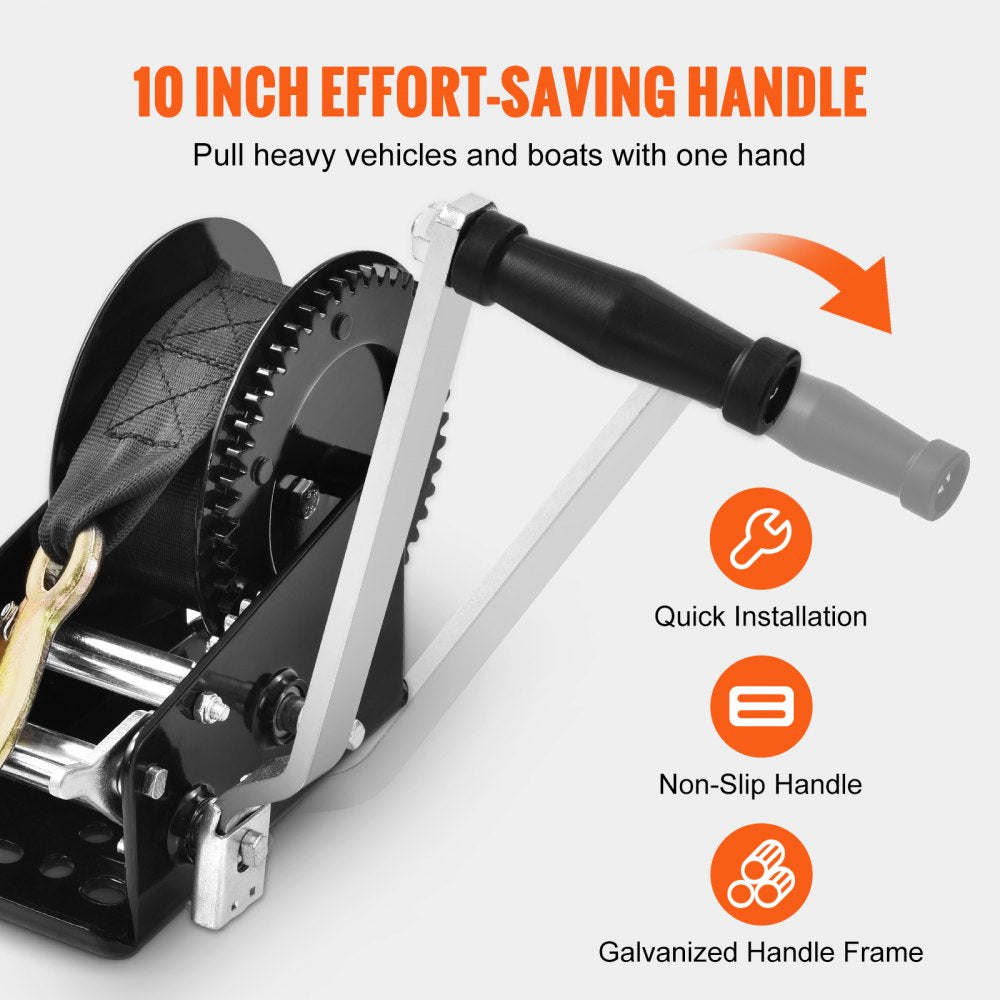 Hand Winch, 3500 lbs Pulling Capacity, Boat Trailer Winch Heavy Duty Rope Crank with 33 ft Polyester Strap and Two-Way Ratchet, Manual Operated Hand Crank Winch for Trailer, Boat or ATV Towing