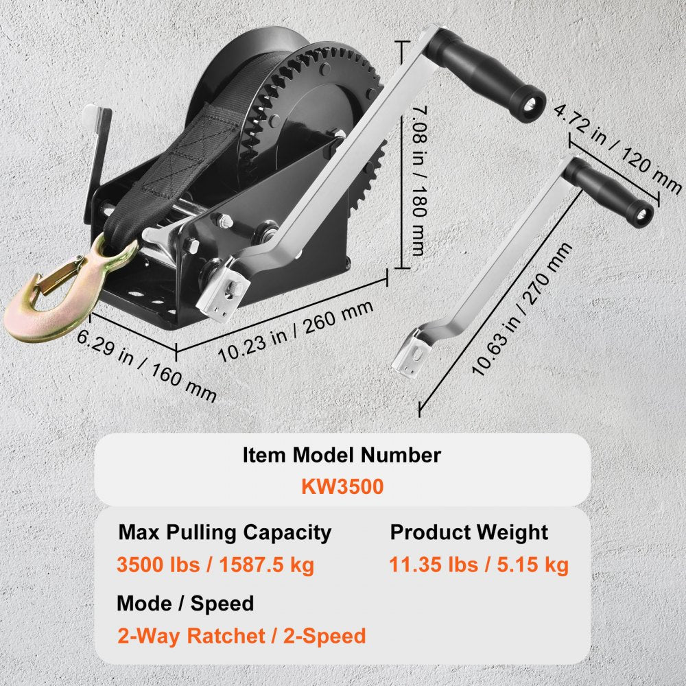 Hand Winch, 3500 lbs Pulling Capacity, Boat Trailer Winch Heavy Duty Rope Crank with 33 ft Polyester Strap and Two-Way Ratchet, Manual Operated Hand Crank Winch for Trailer, Boat or ATV Towing