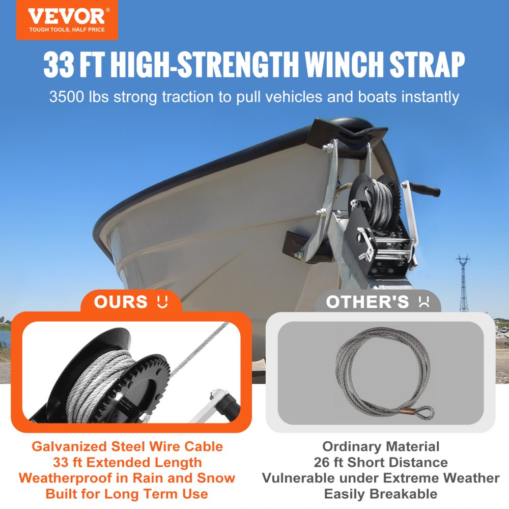 Hand Winch, 3500 lbs Pulling Capacity, Boat Trailer Winch Heavy Duty Rope Crank with 33 ft Steel Wire Cable and Two-Way Ratchet, Manual Operated Hand Crank Winch for Trailer, Boat or ATV Towing