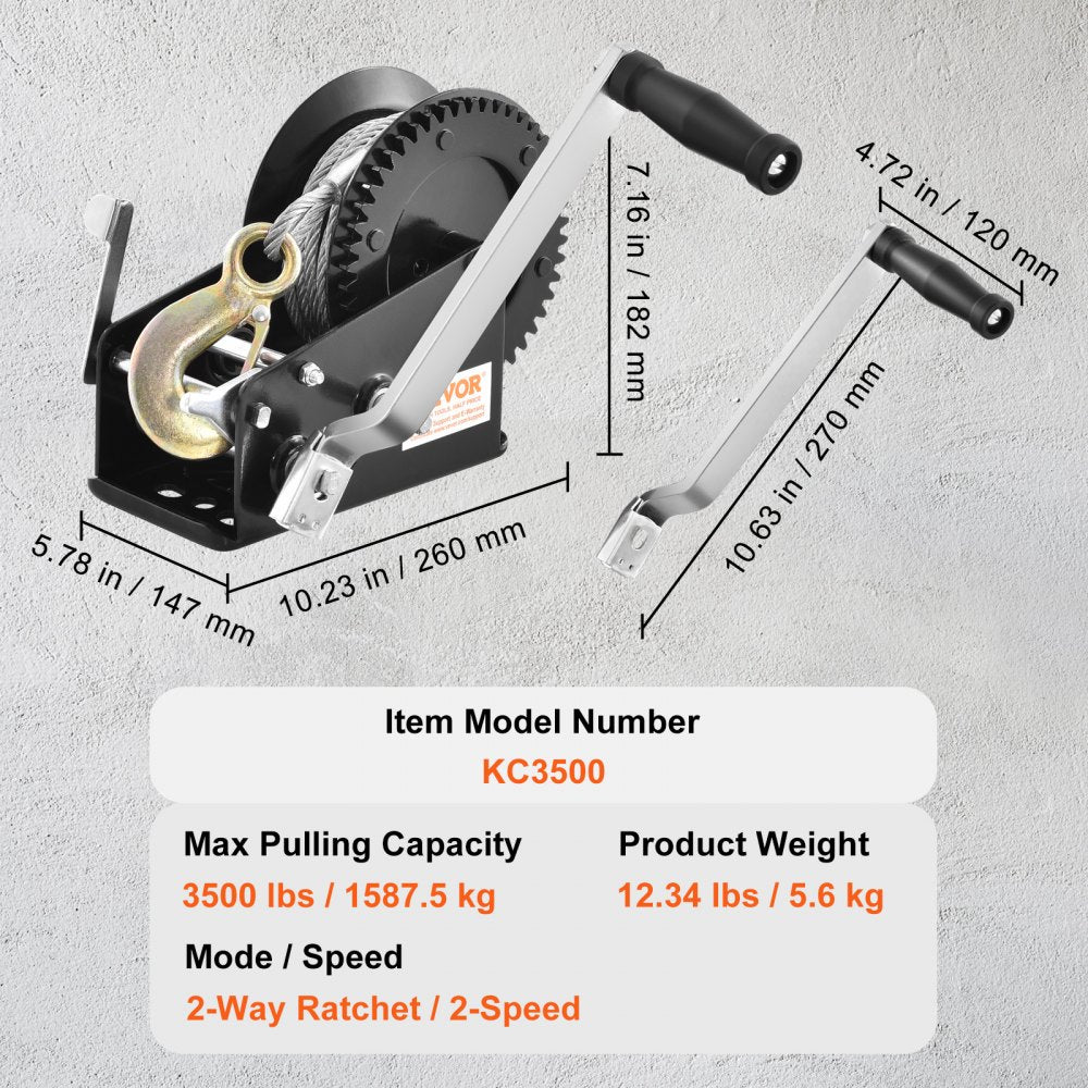 Hand Winch, 3500 lbs Pulling Capacity, Boat Trailer Winch Heavy Duty Rope Crank with 33 ft Steel Wire Cable and Two-Way Ratchet, Manual Operated Hand Crank Winch for Trailer, Boat or ATV Towing