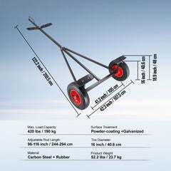 Boat Trailer Dolly, 420lbs Load Capacity, Carbon Steel Trailer Mover with 96``-116`` Adjustable Length, 16`` Pneumatic Tires & Nonslip Support Bracket, for Moving Kayak Motorboat Fishing Boat