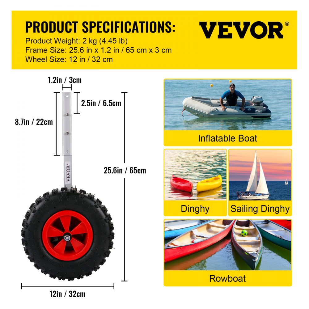 Boat Launching Wheels, 12" Boat Transom Launching Wheel, 600 LBS Loading Capacity Inflatable Boat Launch Wheels, Aluminium Alloy Transom Launching Dolly Wheels with 4 PCS of Quick Release Pins