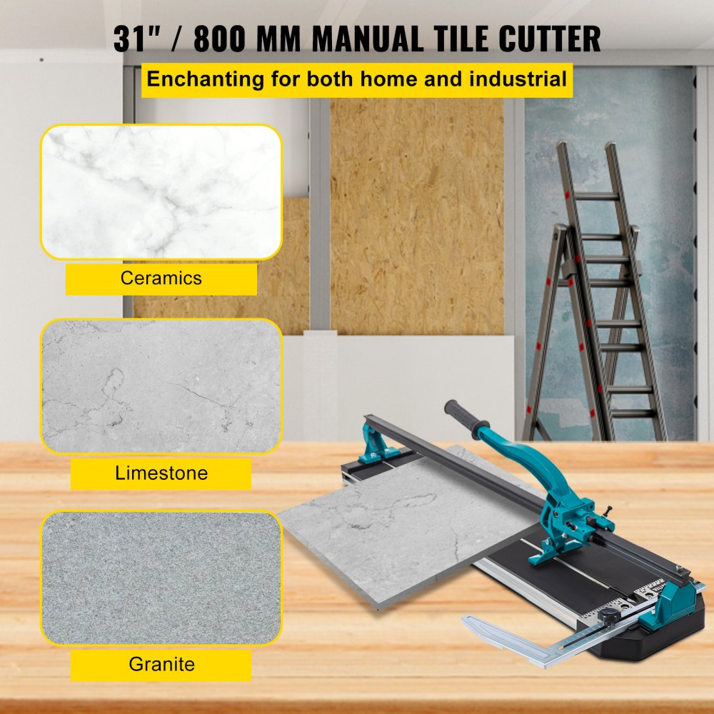 31-inch manual tile cutter with laser positioning on workbench cutting ceramic tile.