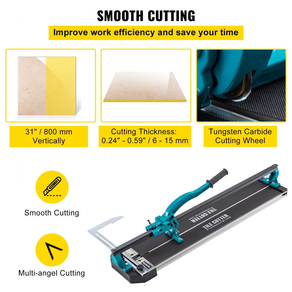 31-inch manual tile cutter with laser positioning, tungsten carbide wheel, and multi-angle cutting guide.