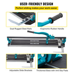 31-inch manual tile cutter with laser positioning, dual steel rails, ergonomic handle, and anti-slip base.