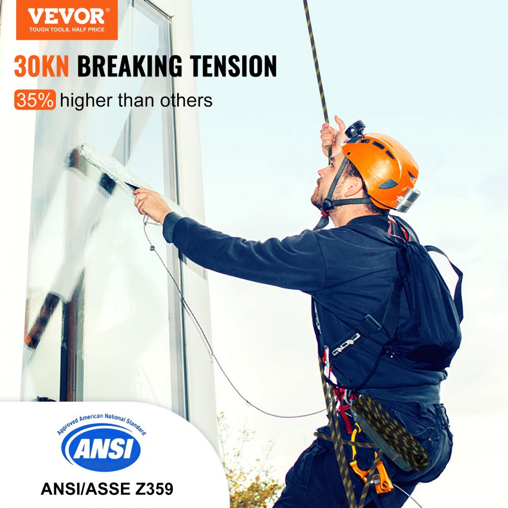 Bostome 100ft vertical lifeline assembly with braided polyester rope and steel snap hooks.