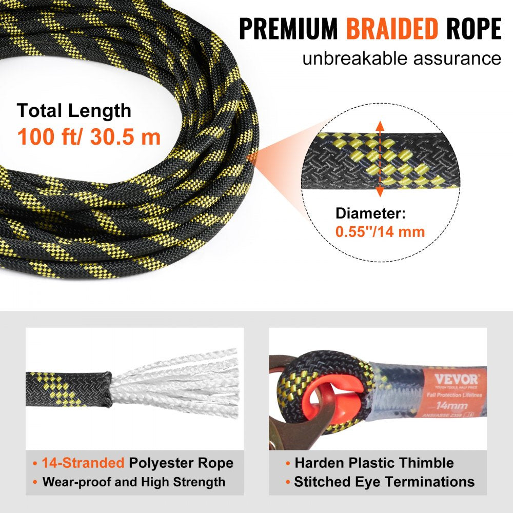 Bostome 100ft vertical lifeline assembly with polyester rope and steel snap hooks.