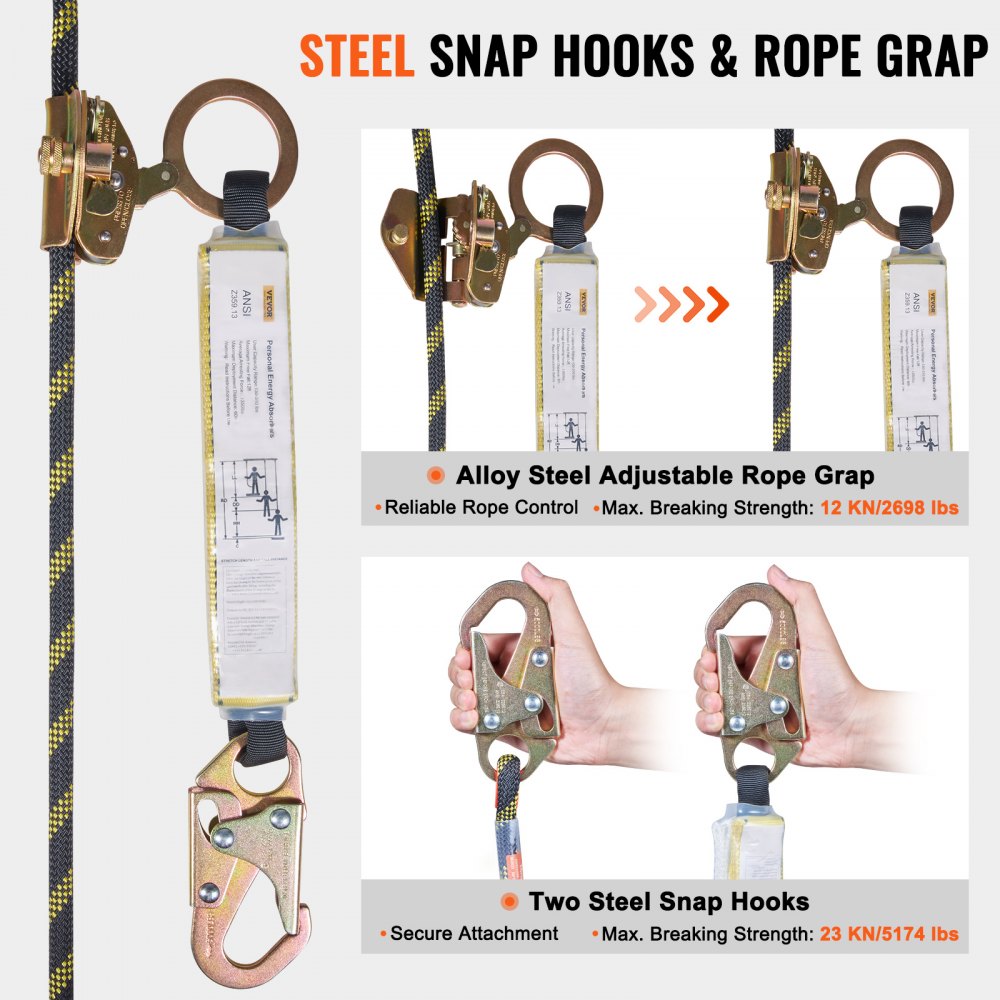 Bostome 100ft vertical lifeline assembly with polyester rope and steel snap hooks for fall protection.