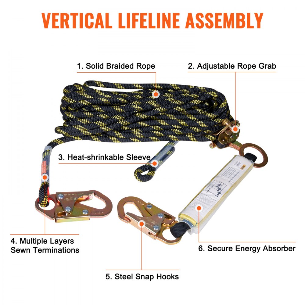 Bostome 100ft vertical lifeline assembly with polyester rope and steel snap hooks for fall protection.