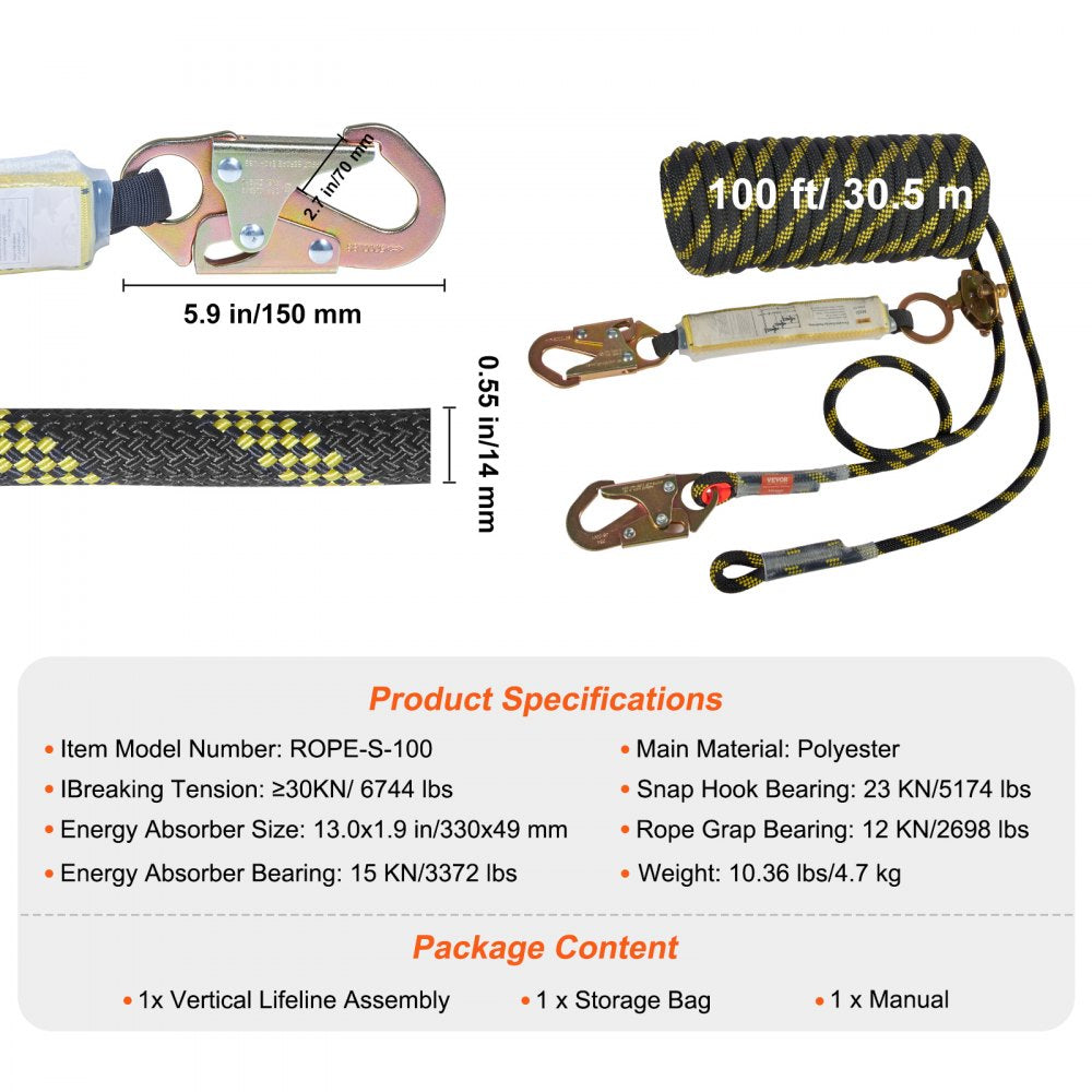 Bostome 100ft vertical lifeline assembly made of braided polyester with steel snap hooks.