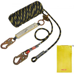 50ft vertical lifeline assembly with black polyester rope, energy absorber, snap hooks, rope grab, and yellow storage bag.