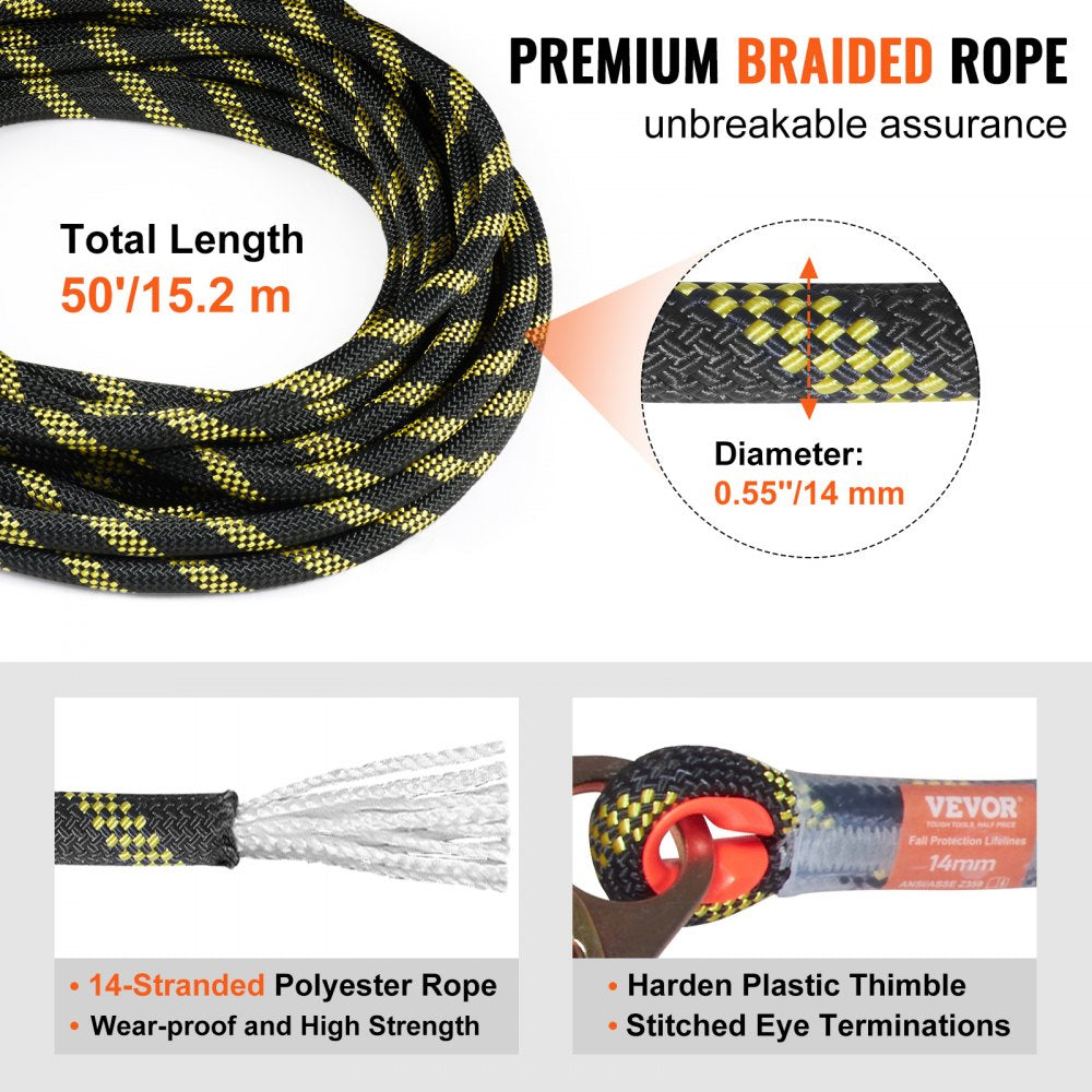 50ft polyester vertical lifeline assembly with kernmantle rope, energy absorber, snap hooks, and rope grab for fall protection.