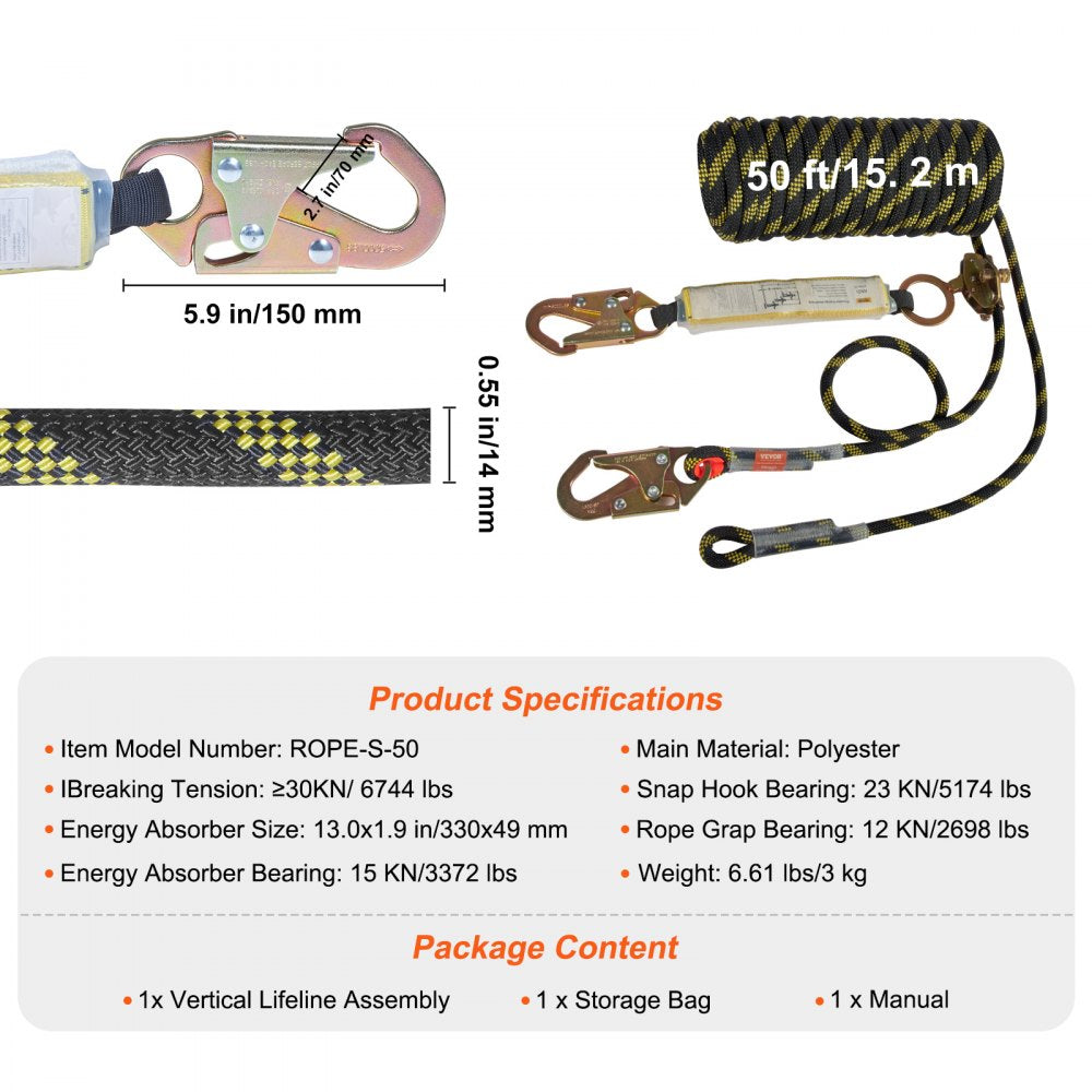50ft polyester vertical lifeline with energy absorber, snap hooks, rope grab, and storage bag.