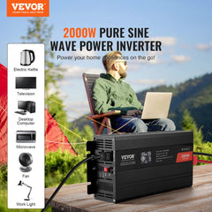 Pure Sine Wave Inverter, 2000 Watt, DC 12V to AC 120V Power Inverter with 2 AC Outlets 2 USB Port 1 Type-C Port, LCD Display and Remote Controller for Medium-Sized Household Equipment, CE FCC
