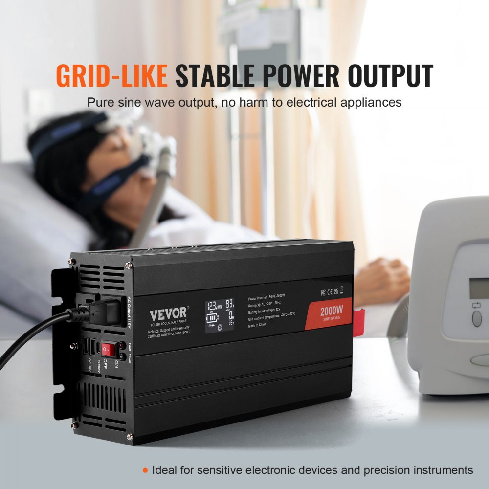 Pure Sine Wave Inverter, 2000 Watt, DC 12V to AC 120V Power Inverter with 2 AC Outlets 2 USB Port 1 Type-C Port, LCD Display and Remote Controller for Medium-Sized Household Equipment, CE FCC