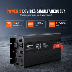 Pure Sine Wave Inverter, 2000 Watt, DC 12V to AC 120V Power Inverter with 2 AC Outlets 2 USB Port 1 Type-C Port, LCD Display and Remote Controller for Medium-Sized Household Equipment, CE FCC