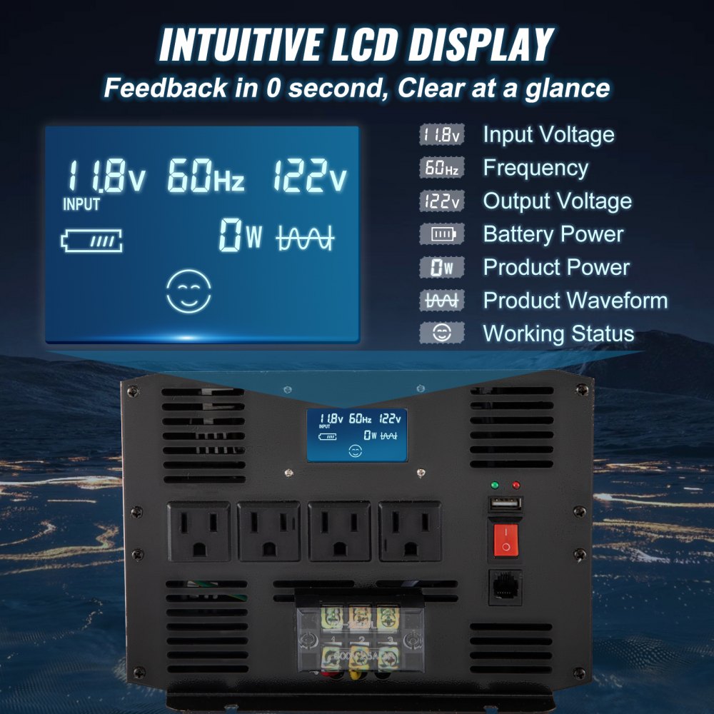 Pure Sine Wave Inverter 3500 Watt Power Inverter, DC 12V to AC 120V Car Inverter, with USB Port LCD Display Remote Controller and AC Outlets (GFCI), for RV Truck Car Solar System Travel Camping