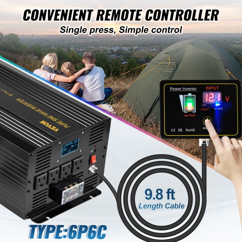 Pure Sine Wave Inverter 3500 Watt Power Inverter, DC 12V to AC 120V Car Inverter, with USB Port LCD Display Remote Controller and AC Outlets (GFCI), for RV Truck Car Solar System Travel Camping