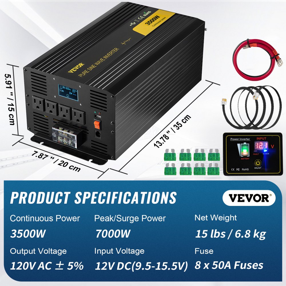 Pure Sine Wave Inverter 3500 Watt Power Inverter, DC 12V to AC 120V Car Inverter, with USB Port LCD Display Remote Controller and AC Outlets (GFCI), for RV Truck Car Solar System Travel Camping