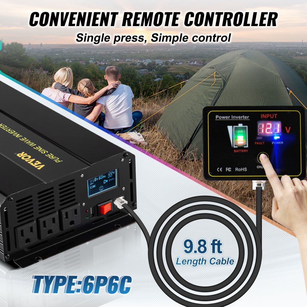 Pure Sine Wave Inverter, 2500 Watt Power Inverter, DC 12V to AC 120V Car Inverter, with USB Port, LCD Display, and Remote Controller Power Converter, for RV Truck Car Solar System Travel Camping