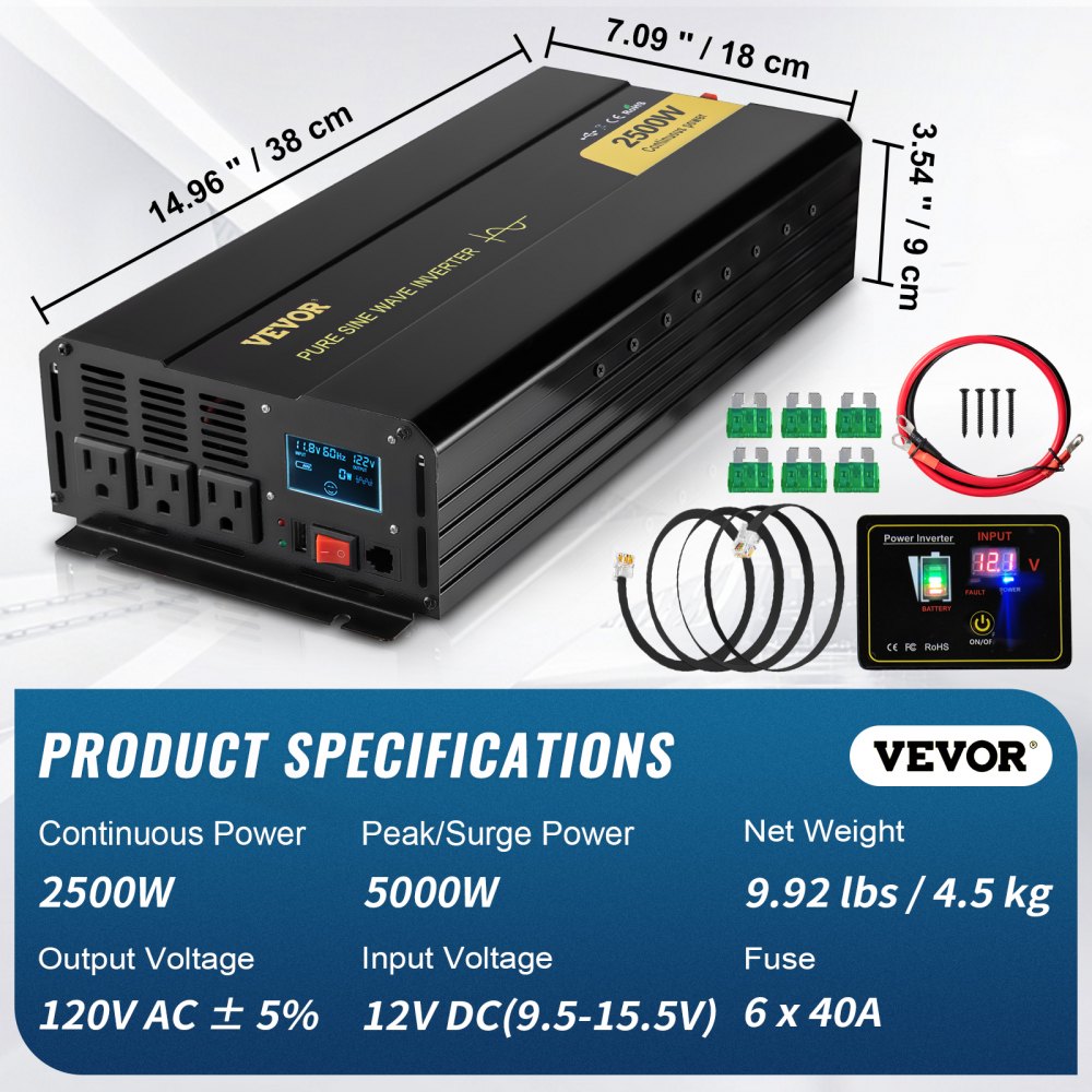 Pure Sine Wave Inverter, 2500 Watt Power Inverter, DC 12V to AC 120V Car Inverter, with USB Port, LCD Display, and Remote Controller Power Converter, for RV Truck Car Solar System Travel Camping
