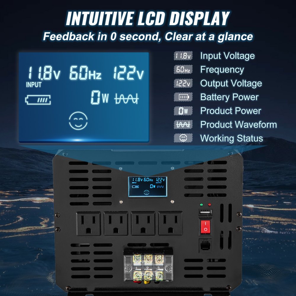 Pure Sine Wave Inverter, 5000 Watt, Power Inverter, DC 12V to AC 120V Car Inverter, with LCD Display, USB Port and Remote Controller, Power Converter for Car RV Truck Solar System Travel Camping