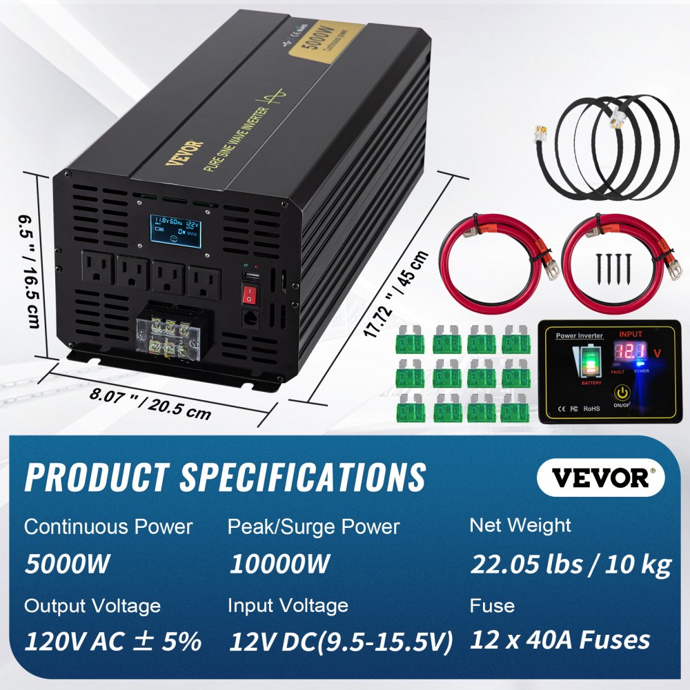 Pure Sine Wave Inverter, 5000 Watt, Power Inverter, DC 12V to AC 120V Car Inverter, with LCD Display, USB Port and Remote Controller, Power Converter for Car RV Truck Solar System Travel Camping