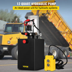 Bostome 12V DC double acting hydraulic pump with a 12-quart reservoir and 3200 PSI capacity.