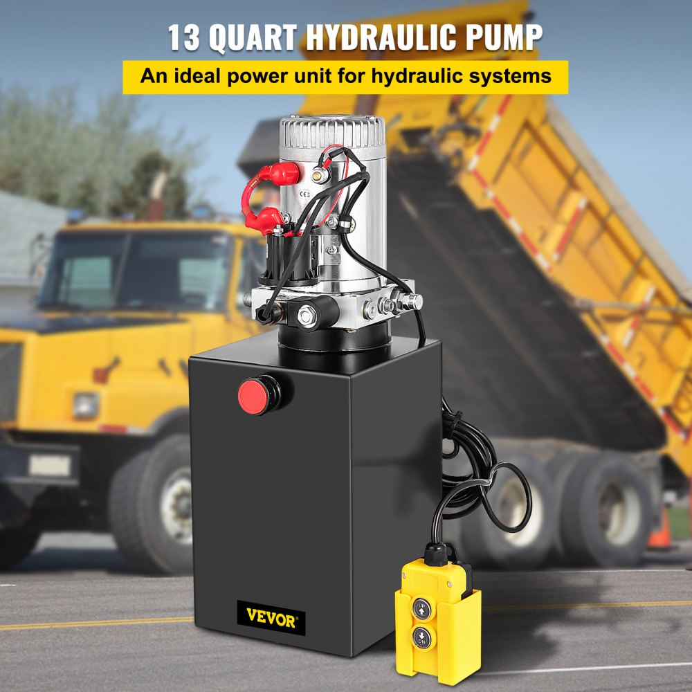 12V hydraulic pump with a 13-quart metal reservoir and handheld remote for dump trailers.