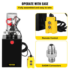 Bostome 12V hydraulic pump with 13-quart reservoir and handheld remote for dump trailers.