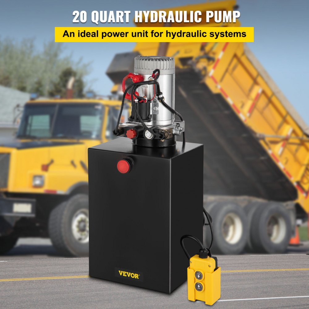 20 Quart Hydraulic Power Unit Double Acting Hydraulic Dump Trailer Pump (12V DC Double Action Powering Unit, SAE #6 Ports, 3200 PSI, 20 Quart Steel Reservoir)