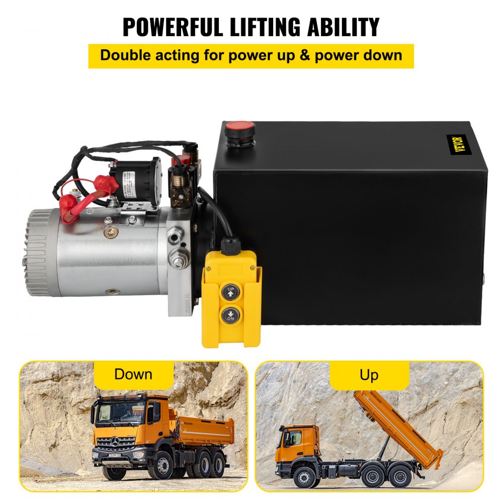 20 Quart Hydraulic Power Unit Double Acting Hydraulic Dump Trailer Pump (12V DC Double Action Powering Unit, SAE #6 Ports, 3200 PSI, 20 Quart Steel Reservoir)