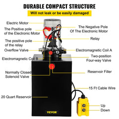 20 Quart Hydraulic Power Unit Double Acting Hydraulic Dump Trailer Pump (12V DC Double Action Powering Unit, SAE #6 Ports, 3200 PSI, 20 Quart Steel Reservoir)