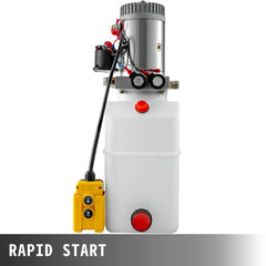 Bostome 6 quart hydraulic pump with translucent reservoir and double acting solenoid for trailers.