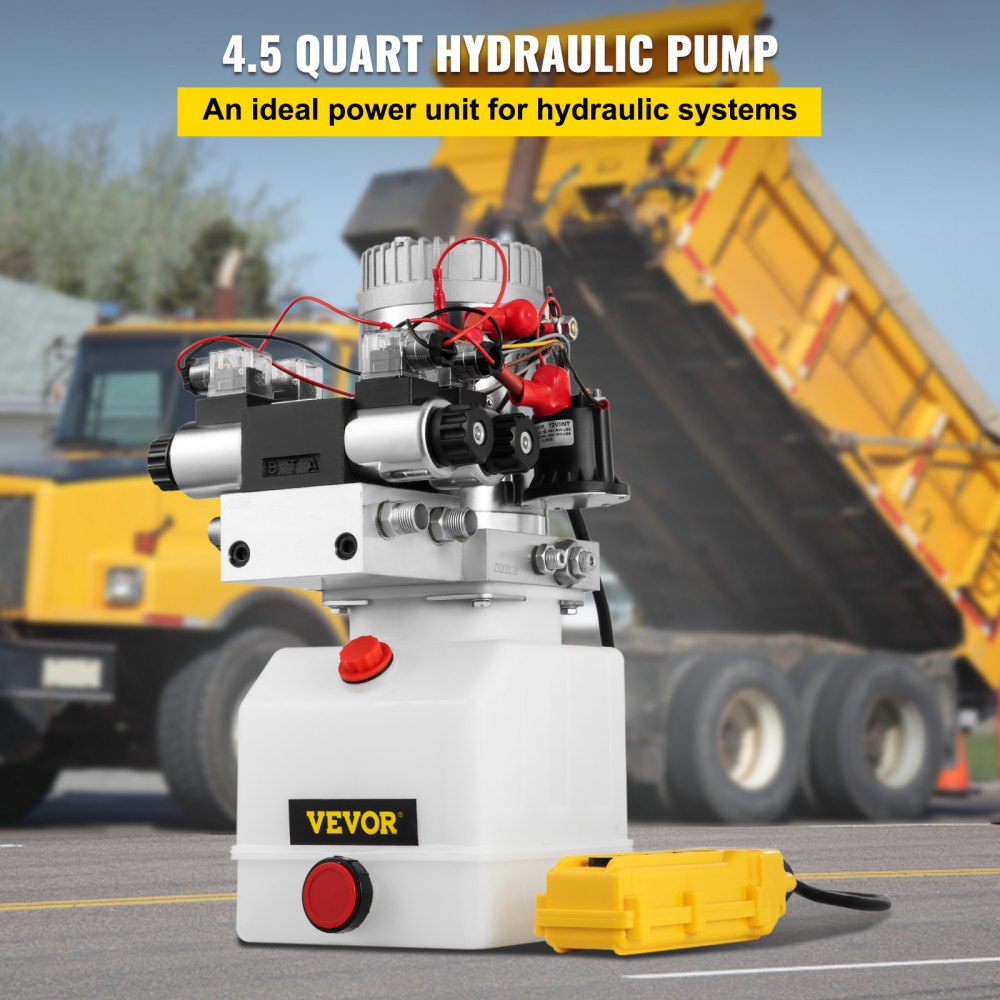 Bostome 12V double acting hydraulic pump with 4.5-quart reservoir and handheld remote.