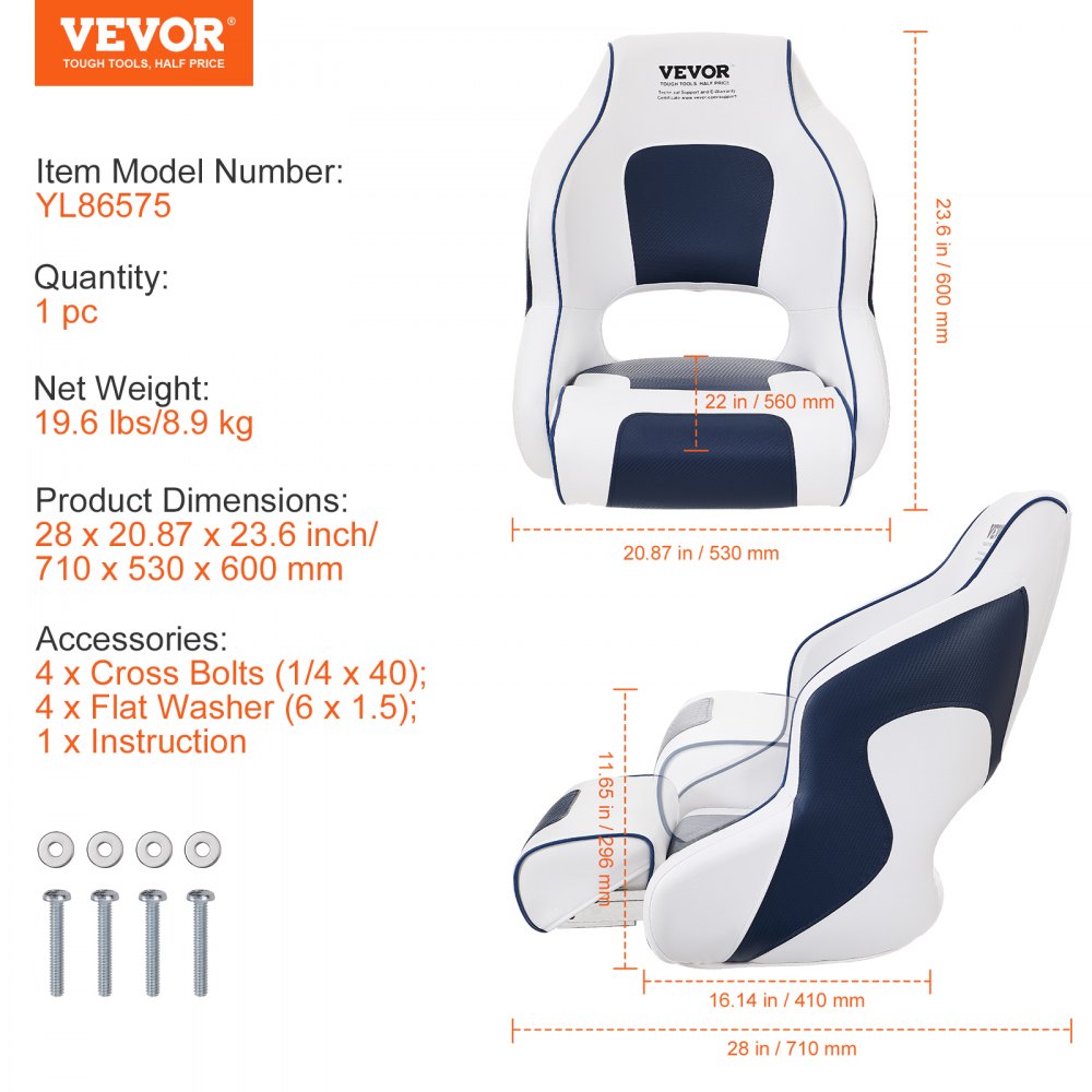 Captain Bucket Seat Boat Seat, Flip Up Boat Seat, with Thickened Sponge Padding, Flip-up Bolster Boat Captain Chair for Fishing Boat, Sightseeing Boat, Speedboat, Canoe, 1-Piece