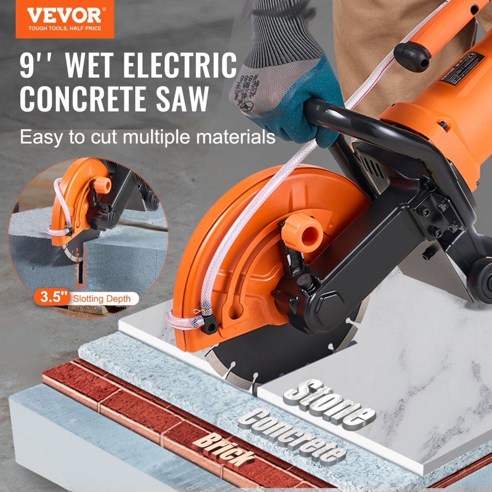 Bostome 9" electric concrete saw with a powerful motor, wet-cutting attachment, and ergonomic handle.