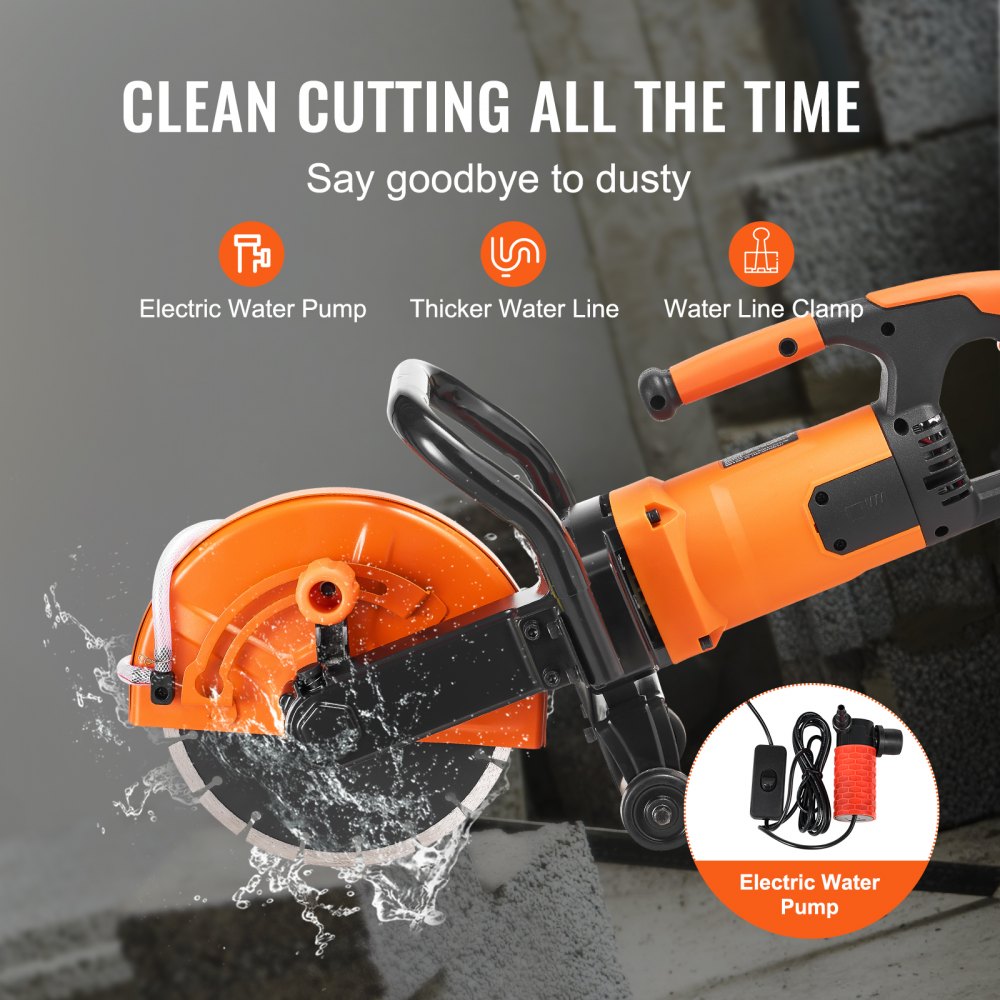 Bostome 9" electric concrete saw with a powerful 1800W motor and wet-cutting attachment.