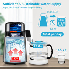 1.1 Gal Water Distiller, 0.3 Gal/H, 750W Distilled Water Maker Machine 0-99H Timing Set Temp Display, 304 Stainless Steel Countertop Distiller Glass Carafe Cleaning Powder 3 Carbon Packs, Silver