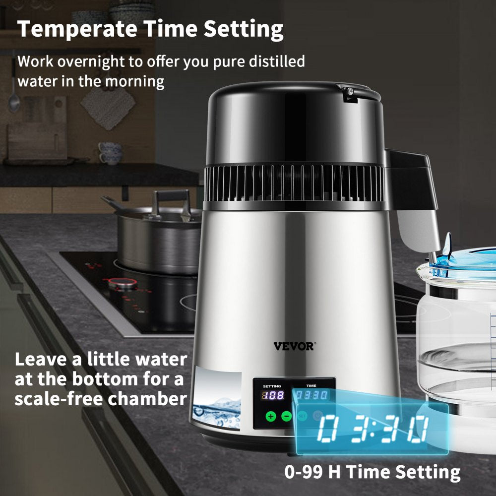 1.1 Gal Water Distiller, 0.3 Gal/H, 750W Distilled Water Maker Machine 0-99H Timing Set Temp Display, 304 Stainless Steel Countertop Distiller Glass Carafe Cleaning Powder 3 Carbon Packs, Silver