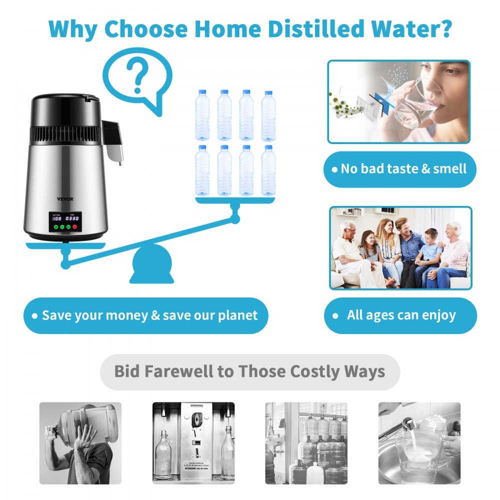 1.1 Gal Water Distiller, 0.3 Gal/H, 750W Distilled Water Maker Machine 0-99H Timing Set Temp Display, 304 Stainless Steel Countertop Distiller Glass Carafe Cleaning Powder 3 Carbon Packs, Silver