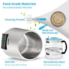 1.1 Gal Water Distiller, 0.3 Gal/H, 750W Distilled Water Maker Machine 0-99H Timing Set Temp Display, 304 Stainless Steel Countertop Distiller Glass Carafe Cleaning Powder 3 Carbon Packs, Silver