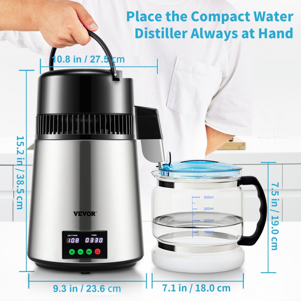 1.1 Gal Water Distiller, 0.3 Gal/H, 750W Distilled Water Maker Machine 0-99H Timing Set Temp Display, 304 Stainless Steel Countertop Distiller Glass Carafe Cleaning Powder 3 Carbon Packs, Silver